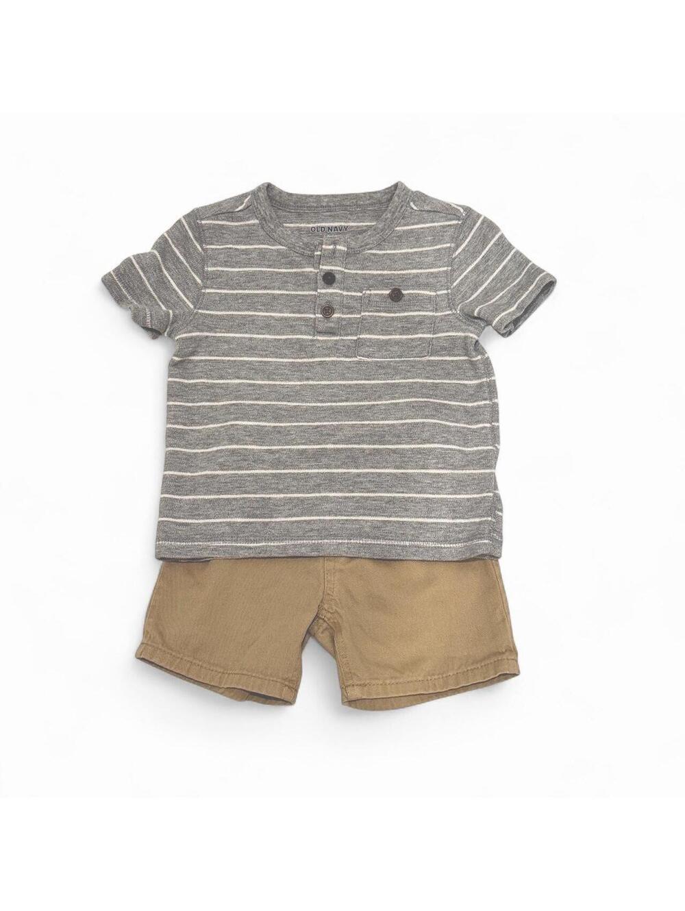 Old Navy Gray & White Striped Baby Boy Shirt and unbranded short outfit.